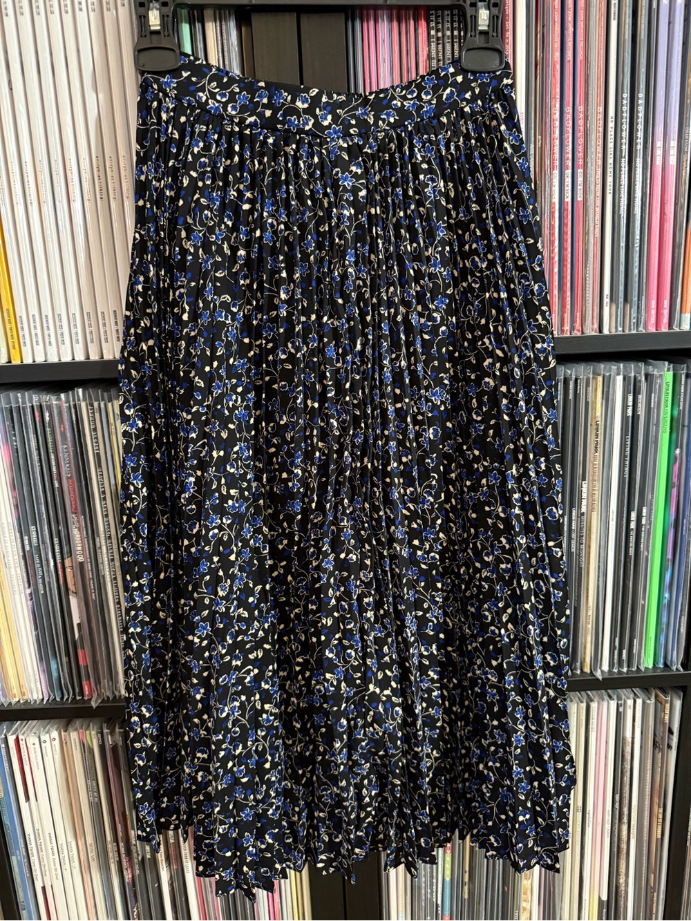 J. Crew Black Midi Skirt with Blue and Cream Floral Print